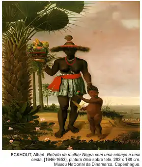 ECKHOUT, Albert. Retrato de mulher Negra com uma criança e uma cesta, [1646-1653], pintura óleo sobre tela. 282 x 189 cm. Museu Nacional da Dinamarca. Copenhague.